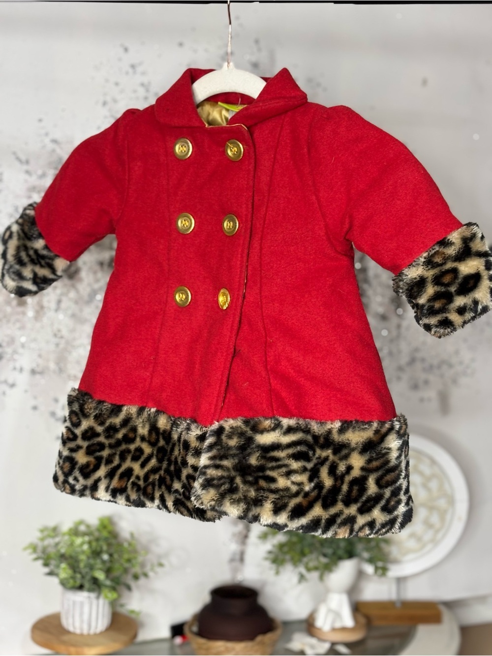 Penelope Mack Red Coat with Leopard Faux-Fur Trim